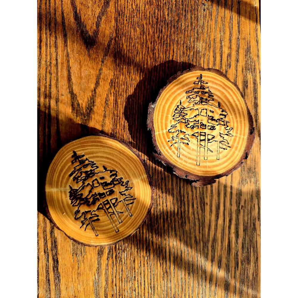 Wood Burned Tree Coasters – Rustic Forest Design, Natural Wood Slice (Set of 2)